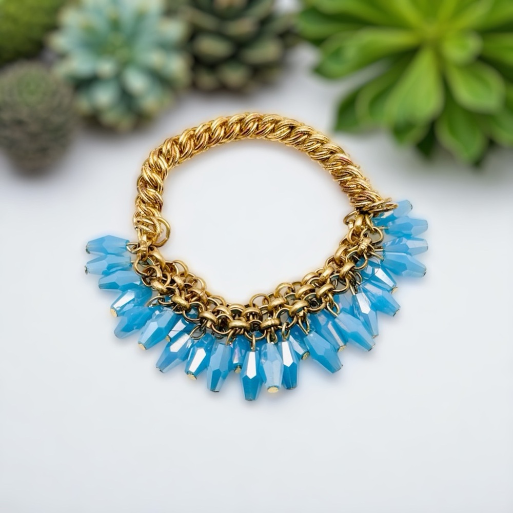 Flirty Vintage Stretch Bracelet With Iridescent Blue Bicone Dangling Beads